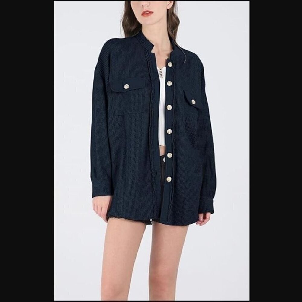 Chouyatou Loose Fit Batwing Sleeve Waffle Knit Button Down Shirt Jacket L boho